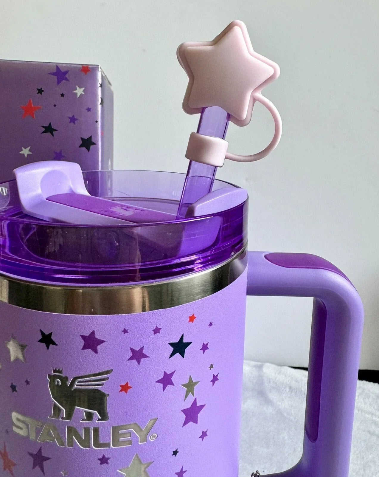 Stanley Quencher H2.0 FlowState Tumbler 40 oz Purple Star Edition with Butterfly Charm & Straw Topper