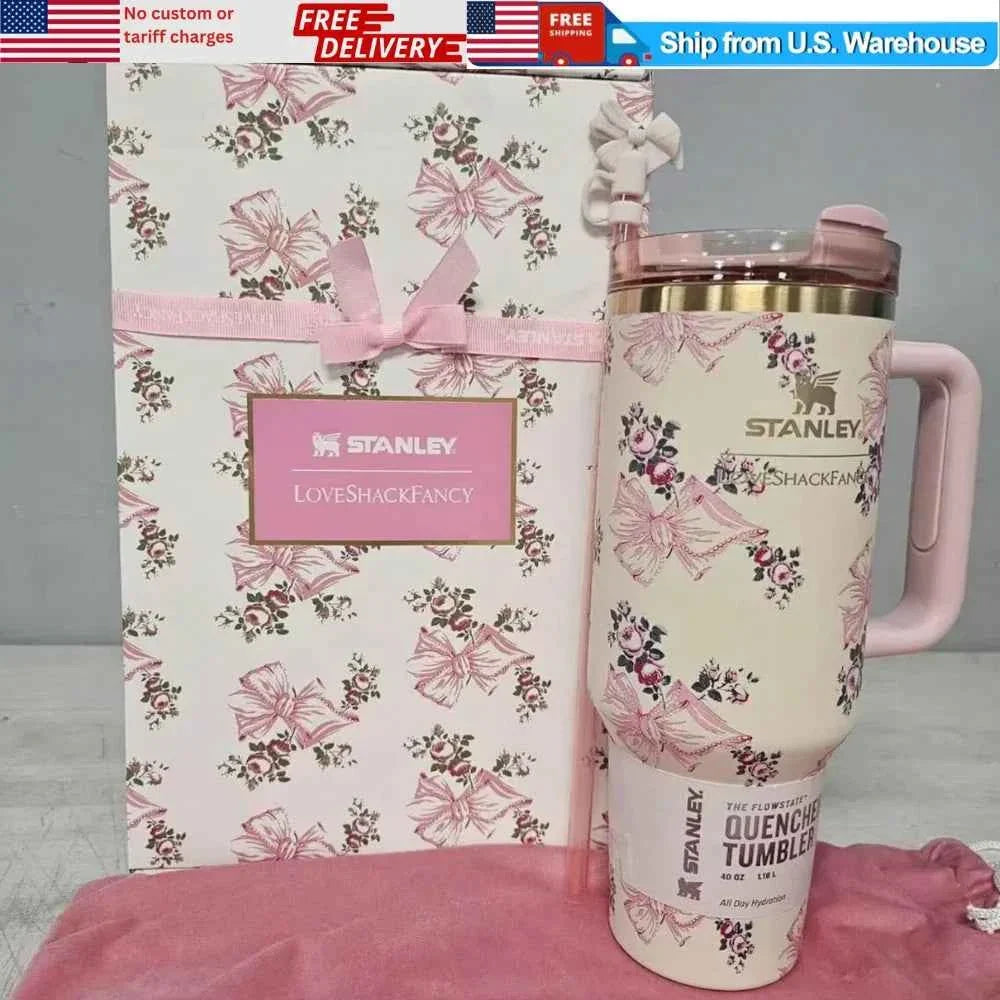 Stanley X Love Shack Fancy Quencher 40 oz Tumbler Cup Butterfly Gift Box Pink US