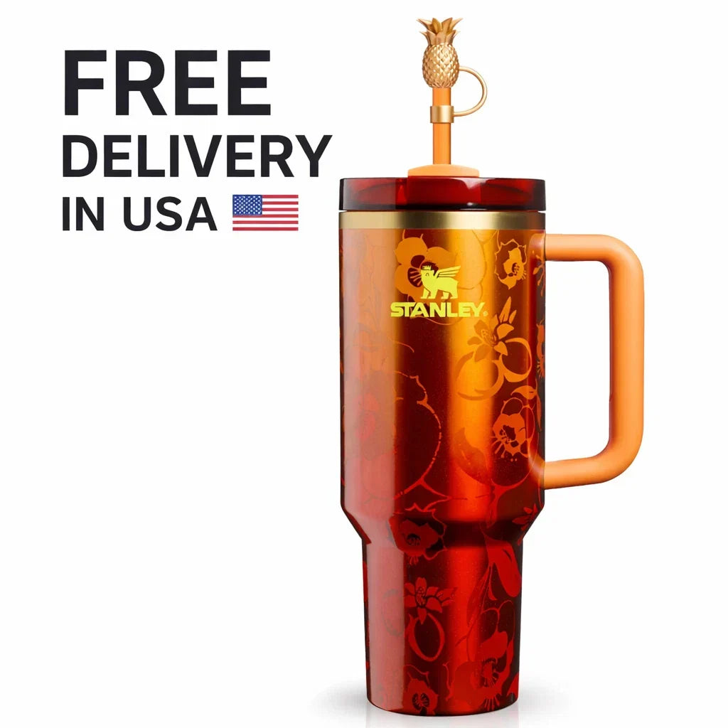 Stanley Quencher H2.0 FlowState Tumbler 40oz Red Floral Limited Edition with Pineapple Straw Topper