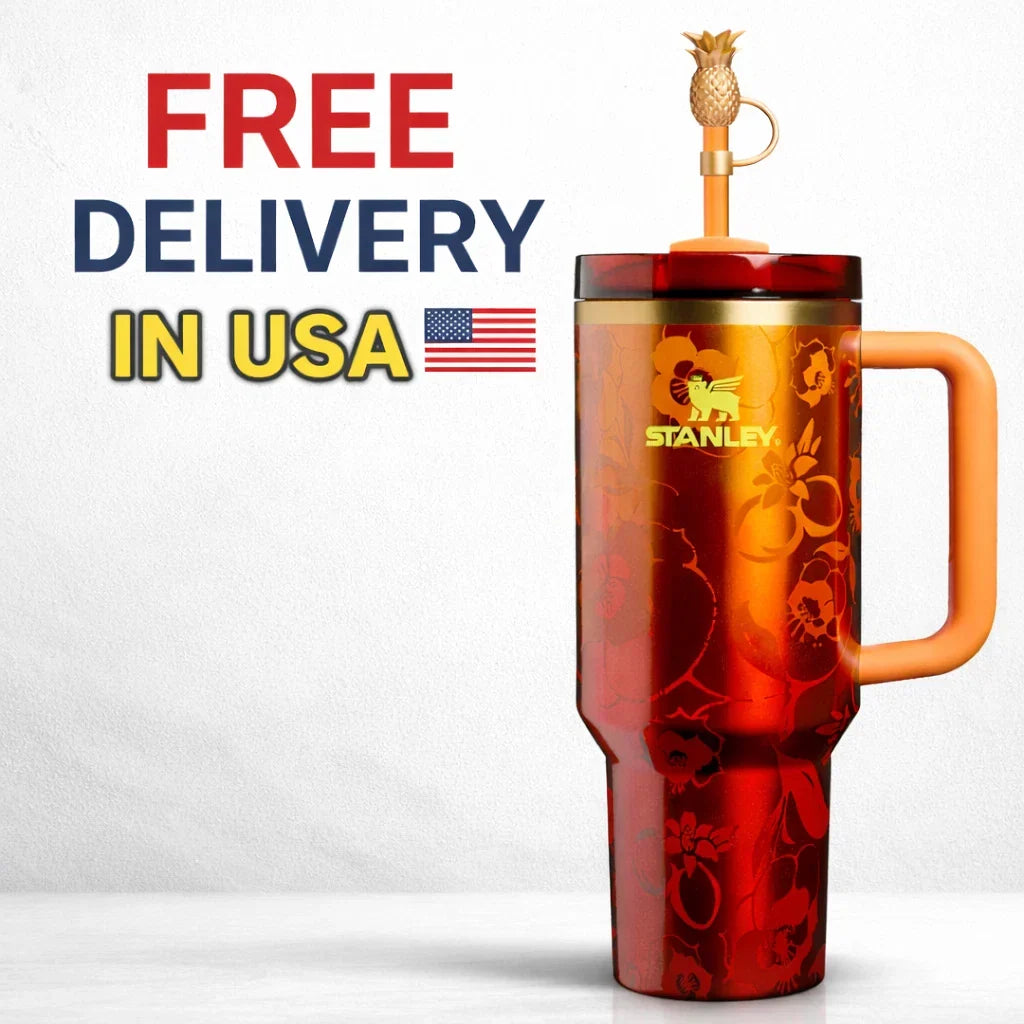 Stanley Quencher H2.0 FlowState Tumbler 40oz Red Floral Limited Edition with Pineapple Straw Topper