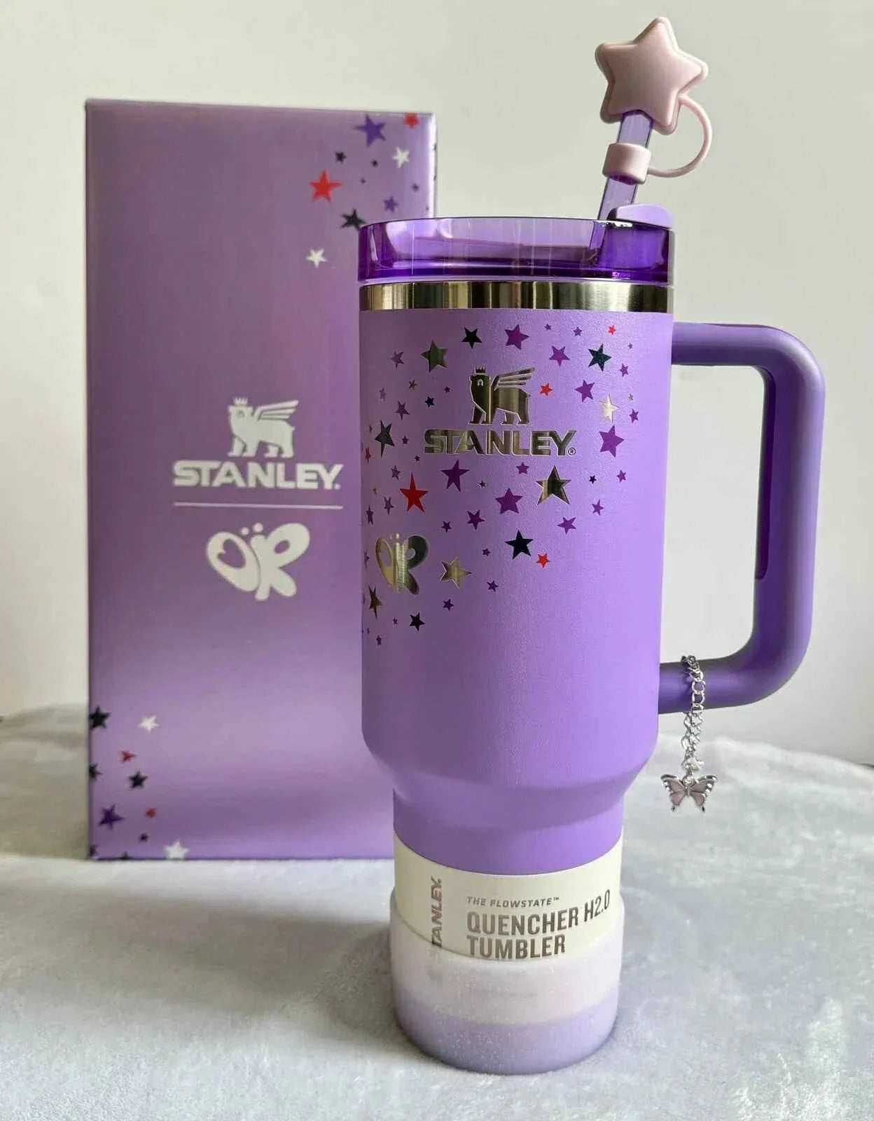 Stanley Quencher H2.0 FlowState Tumbler 40 oz Purple Star Edition with Butterfly Charm & Straw Topper